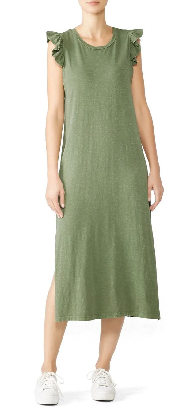 SUNDRY Ayana Midi T-Shirt Flutter Short Sleeve Dress Olive Green Anthropologie S